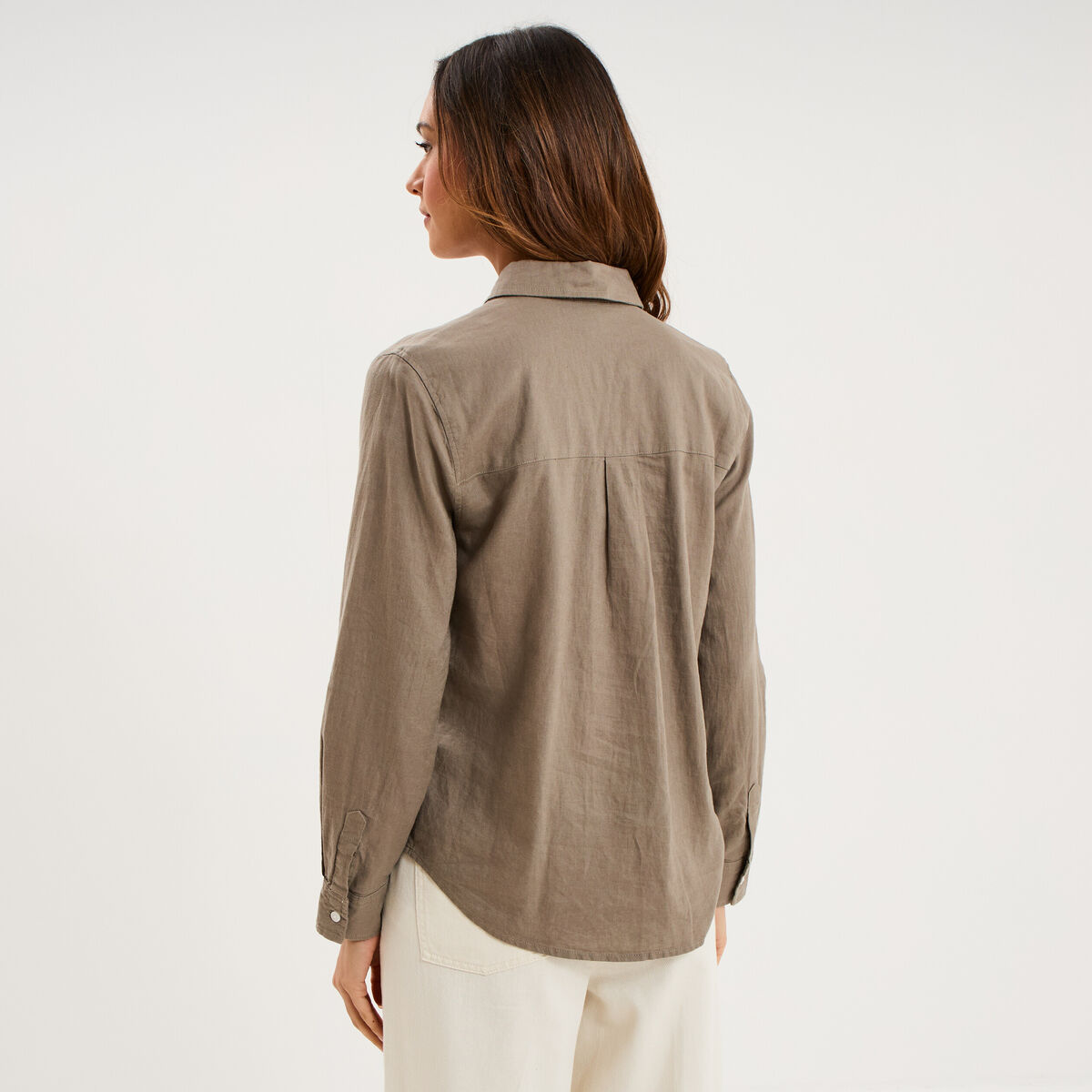 Chemise lin m&eacute;lang&eacute; manches longues vert kaki femme
