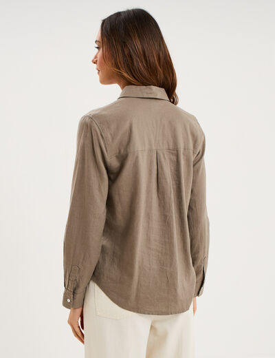 Chemise lin m&eacute;lang&eacute; manches longues vert kaki femme