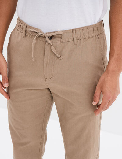 Pantalon chino droit lin m&eacute;lang&eacute; taupe homme