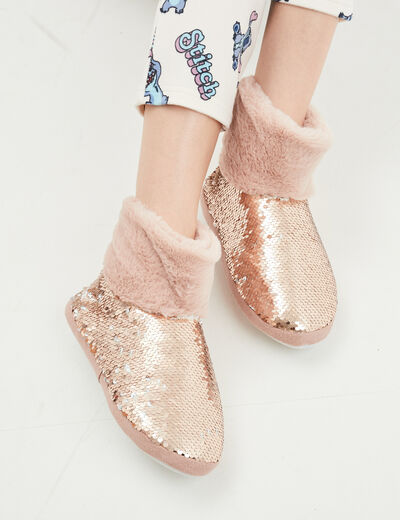 Chaussons bottines sequins et fourrure jaune or femme