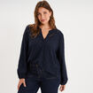 Blouse ajour&eacute;e manches 3/4 col tunisien bleu fonc&eacute; femme grande taille