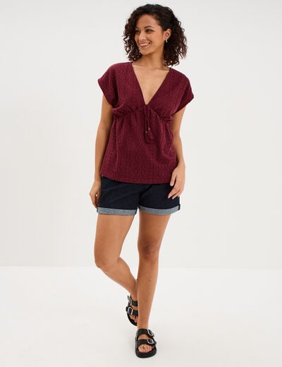 T-shirt dentelle col en V noeud bordeaux femme