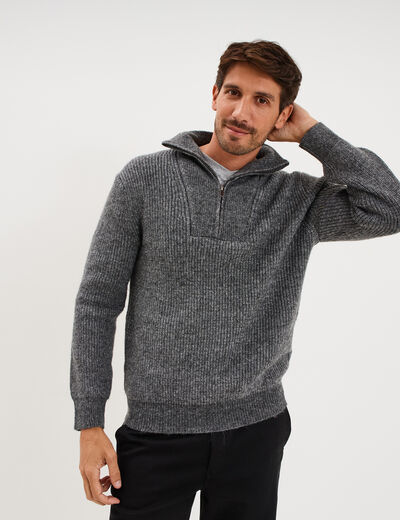 Pull avec col camionneur c&ocirc;tel&eacute; gris fonc&eacute; homme