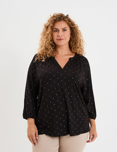Blouse col en V manches 3/4 noir femme grande taille