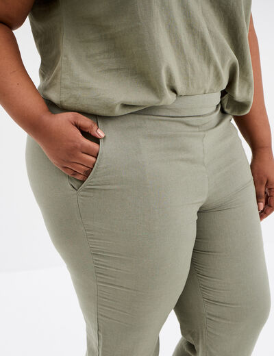 Pantalon chino droit en mélange de lin vert kaki femme grande taille
