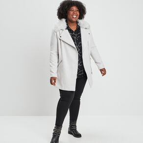 Manteau mi-long col imitation fourrure gris femme grande taille
