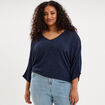 Pull manches 3/4 col en V bleu fonc&eacute; femme grande taille