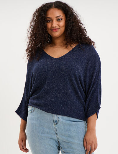 Pull manches 3/4 col en V bleu fonc&eacute; femme grande taille