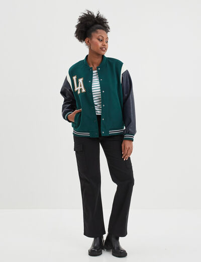 Veste teddy manches simili cuir Creeks vert émeraude femme