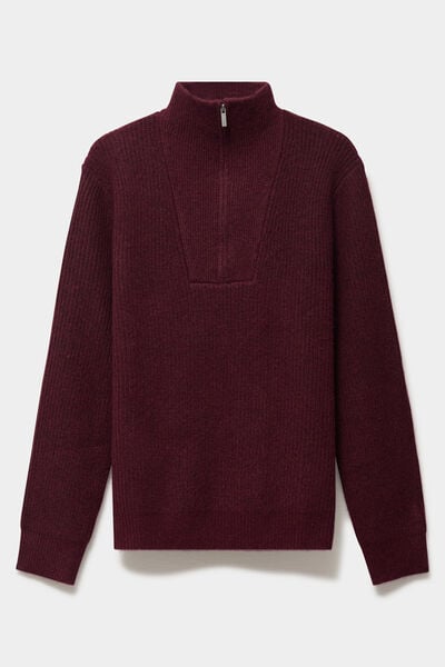 Pull avec col camionneur c&ocirc;tel&eacute; prune homme