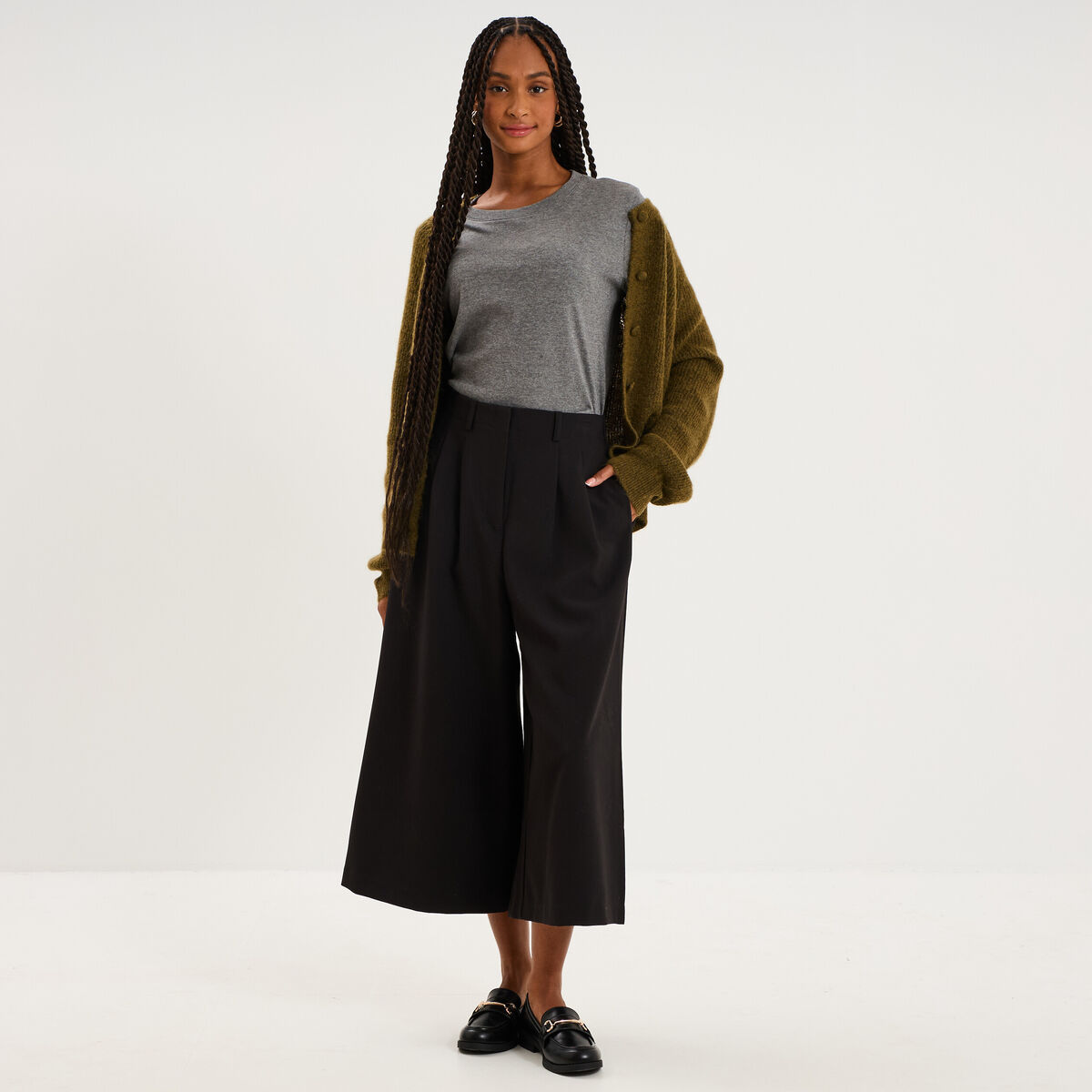 Pantalon culotte large taille haute noir femme