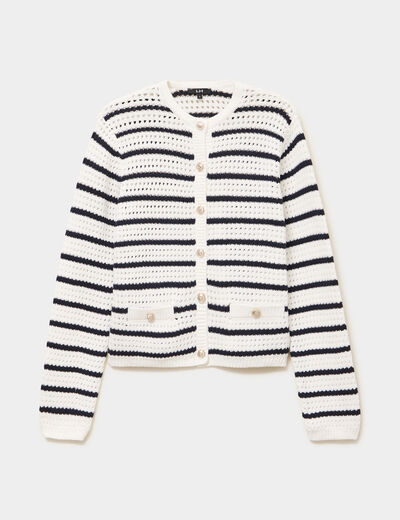 Gilet effet ajour&eacute; manches longues coton ecru femme