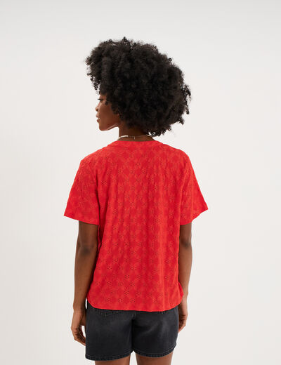 T-shirt broderie anglaise col tunisien rouge femme