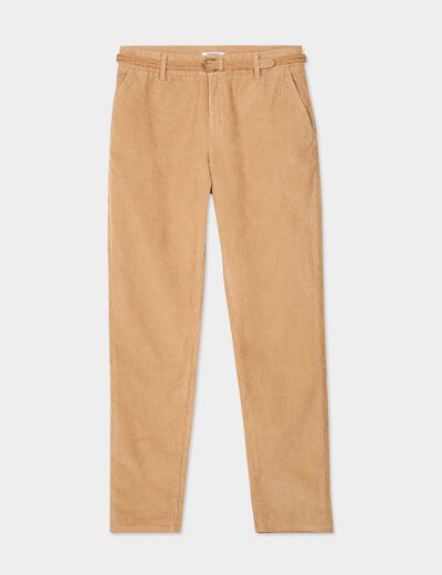 Pantalon chino ceinturé effet velours beige femme