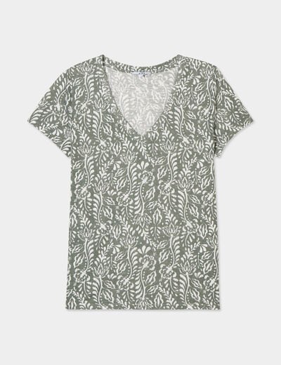 T-shirt col en V manches courtes vert kaki femme
