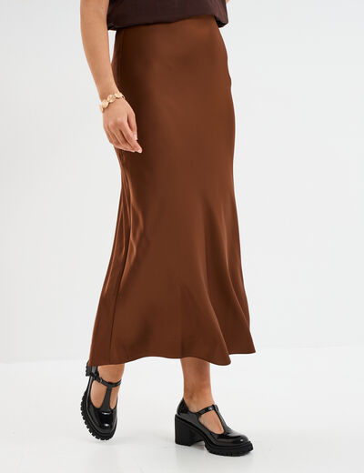 Jupe effet satin midi évasée beige femme