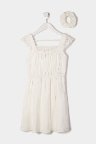 Ensemble robe à broderie et chouchou ecru fille