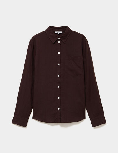 Chemise lin m&eacute;lang&eacute; manches longues marron fonc&eacute; femme