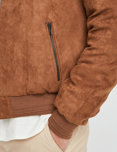 Blouson col motard en su&eacute;dine zipp&eacute; camel homme