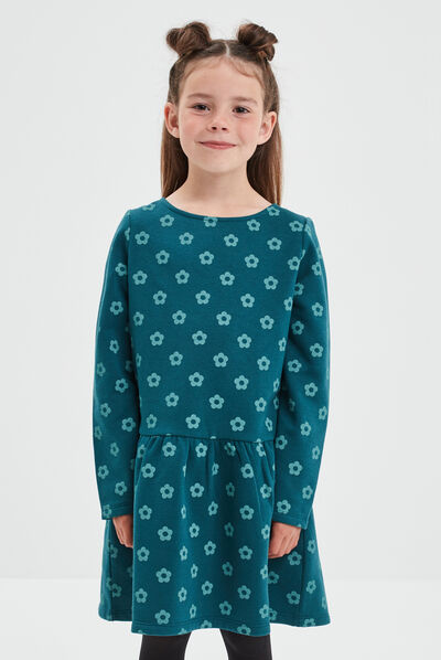 Robe molleton volantée manches longues vert foncé fille