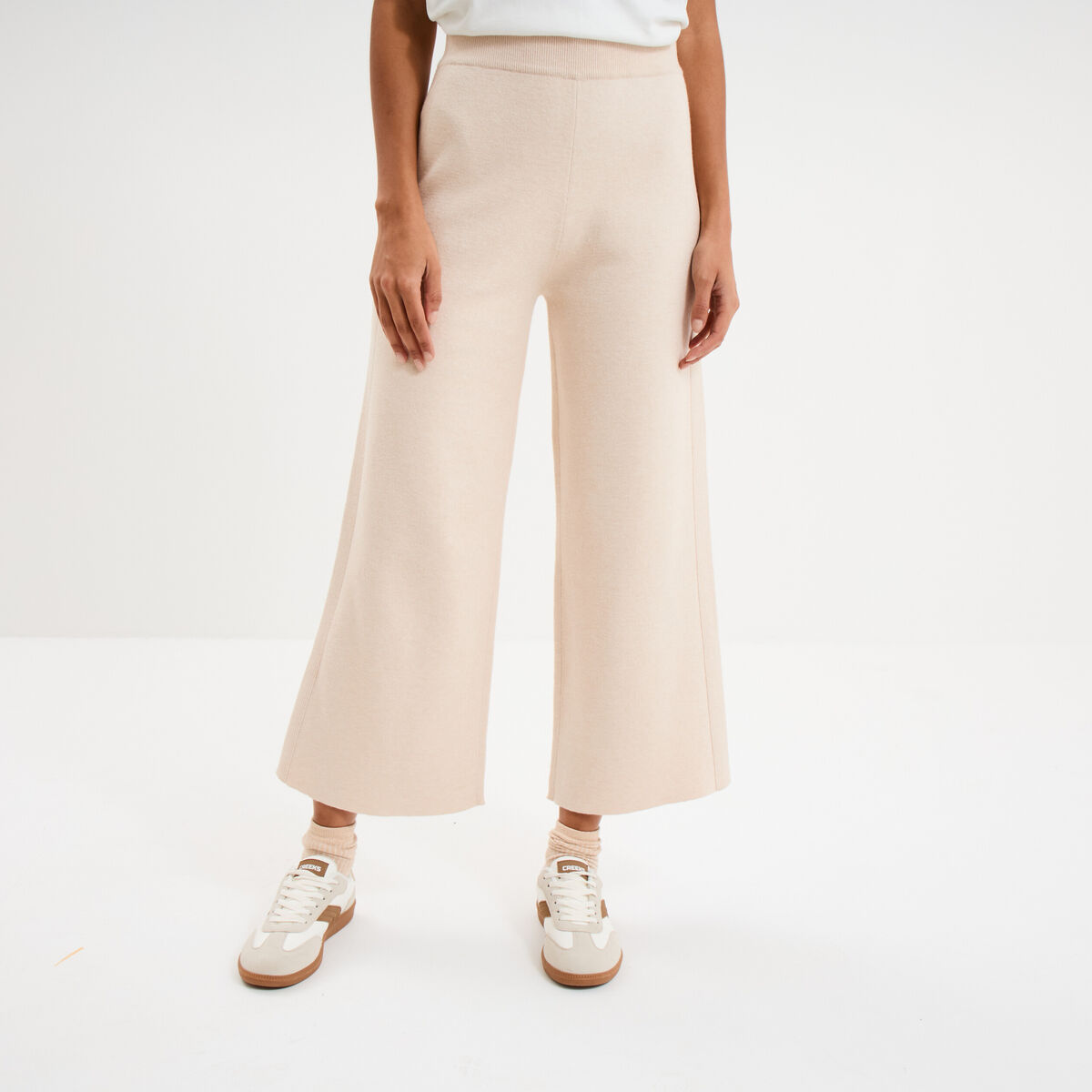 Pantalon tricot taille &eacute;lastiqu&eacute;e beige femme