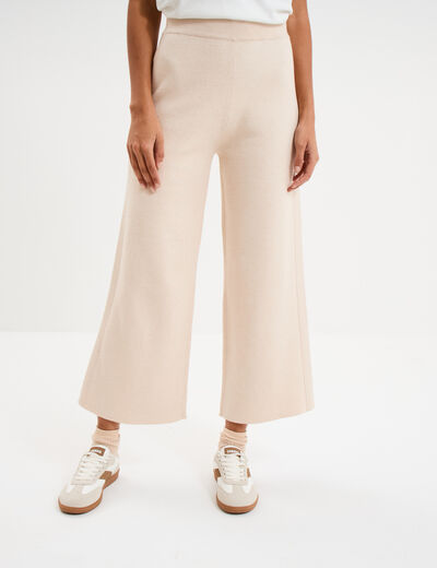 Pantalon tricot taille &eacute;lastiqu&eacute;e beige femme