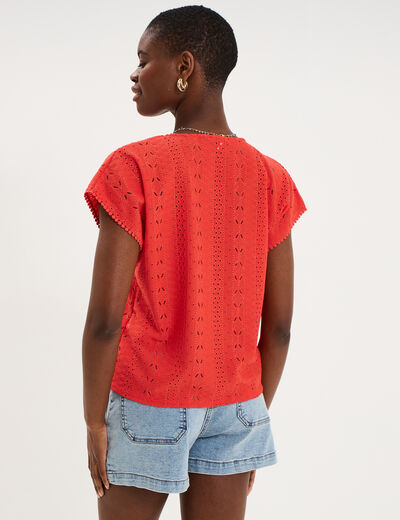 T-shirt broderie anglaise col en V rouge femme