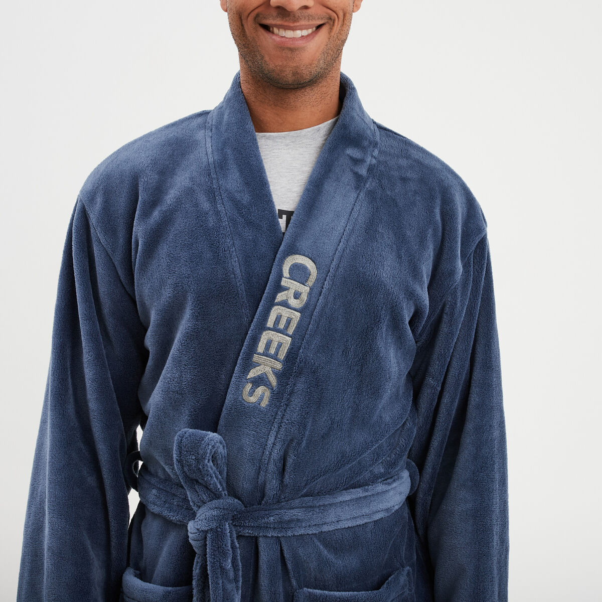 Peignoir effet velours ceintur&eacute; bleu marine homme