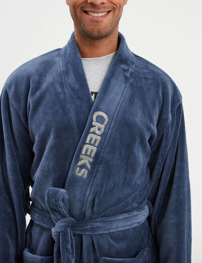 Peignoir effet velours ceintur&eacute; bleu marine homme