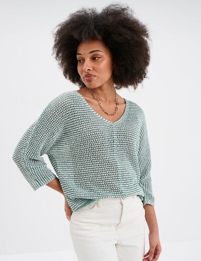 Pull ajouré effet crochet manches 3/4 bleu gris femme