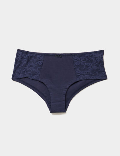 Boxer en coton avec dentelle bleu marine femme
