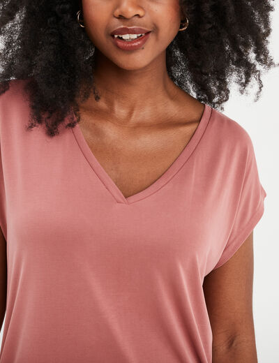 T-shirt col en V manches courtes vieux rose femme