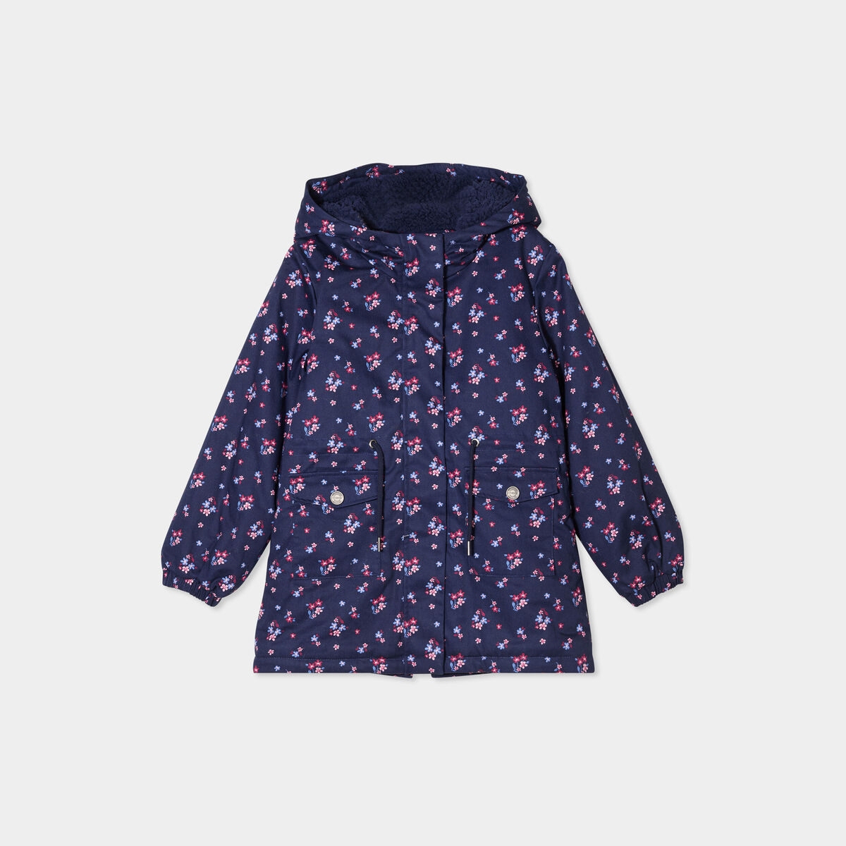 Parka mi-longue capuche doublée bleu marine fille