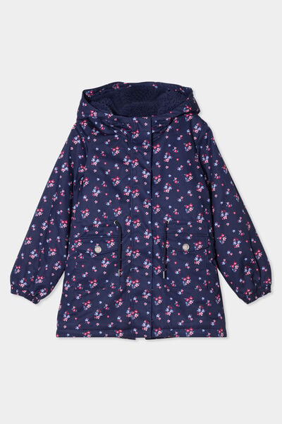 Parka mi-longue capuche doubl&eacute;e bleu marine fille