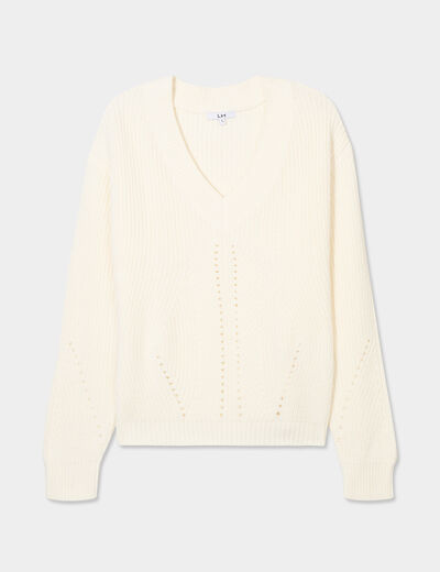 Pull col en V détails ajourés blanc femme