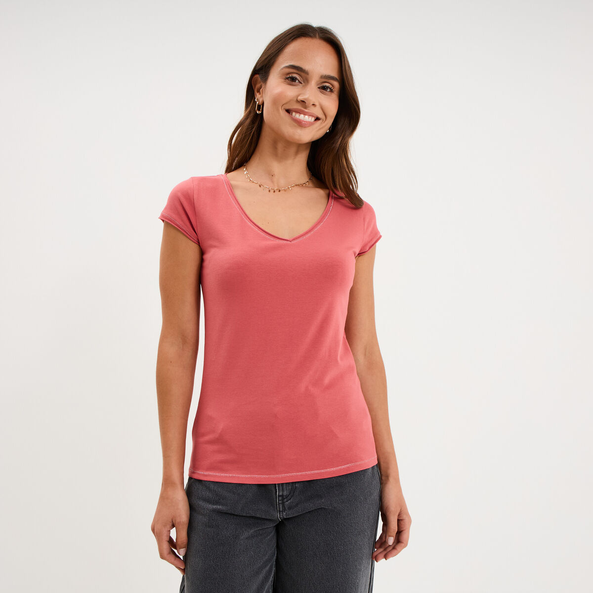 T-shirt col V ajust&eacute; manches courtes vieux rose femme