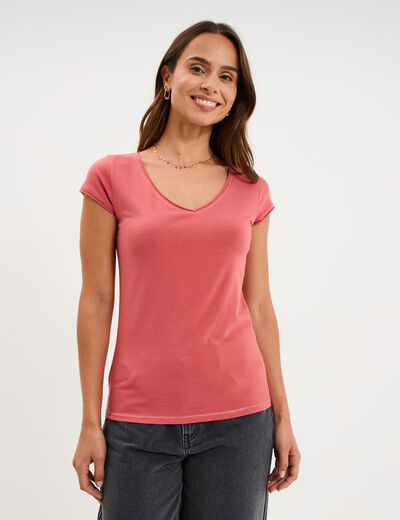 T-shirt col V ajust&eacute; manches courtes vieux rose femme