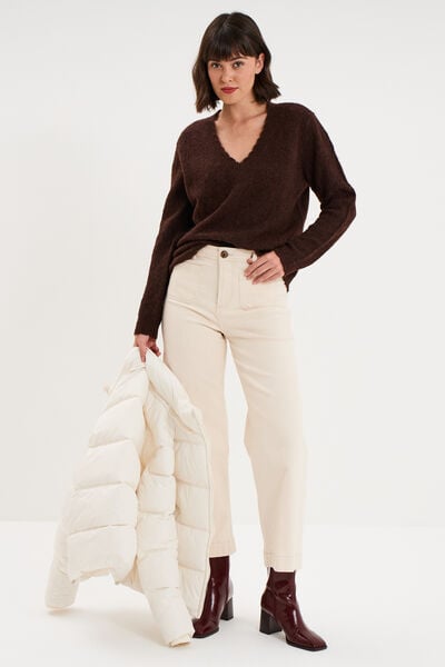 Pull col V ajour&eacute; manches longues marron fonc&eacute; femme