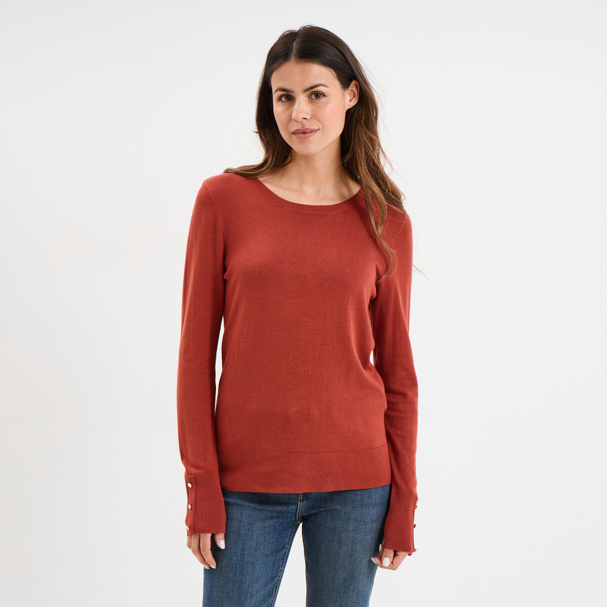 Pull col rond boutons aux poignets vieux rose femme