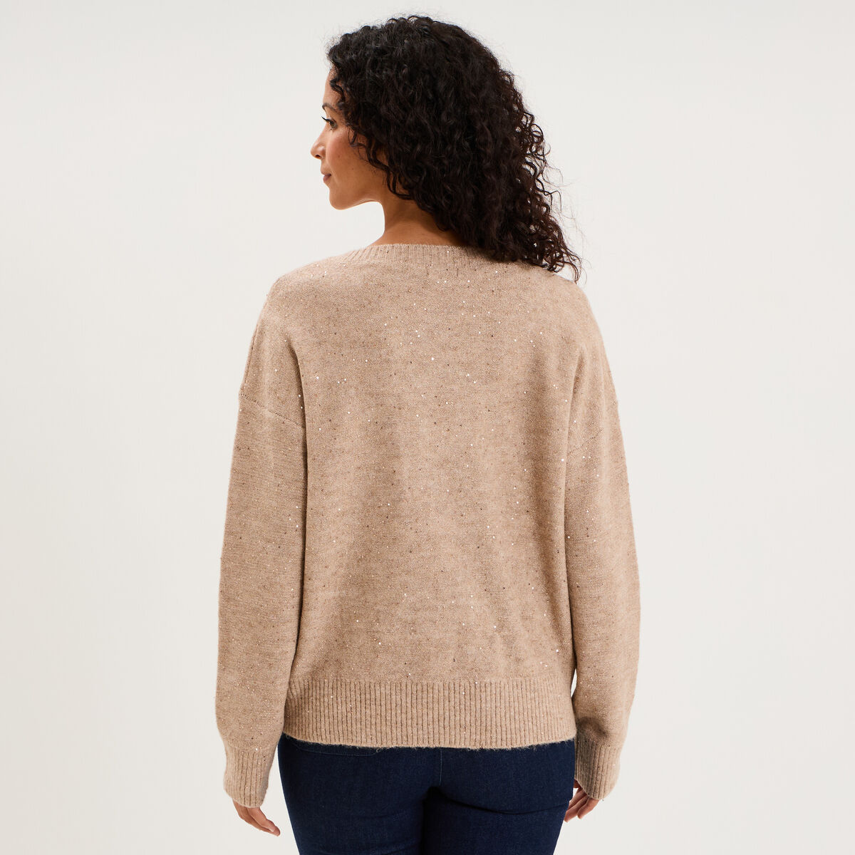 Pull droit &agrave; sequins et col en V beige femme