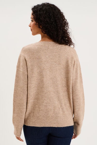 Pull droit &agrave; sequins et col en V beige femme