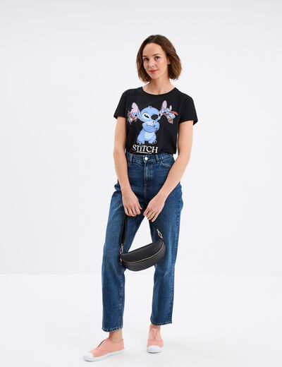 T-shirt manches courtes coton Stitch noir femme