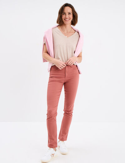 T-shirt manches courtes col en V coton beige femme