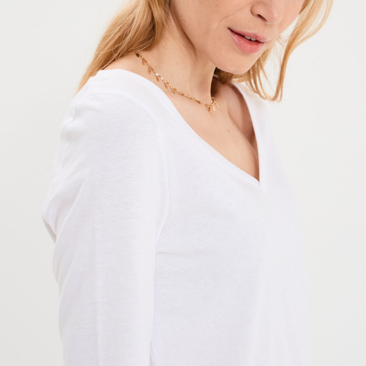 T-shirt col en V manches longues coton blanc femme