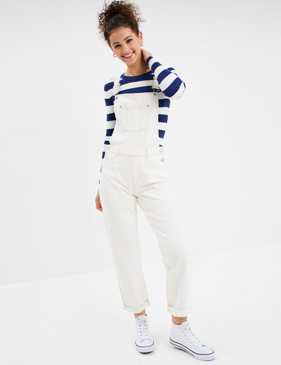 Salopette en jean mom boutonnée ecru femme