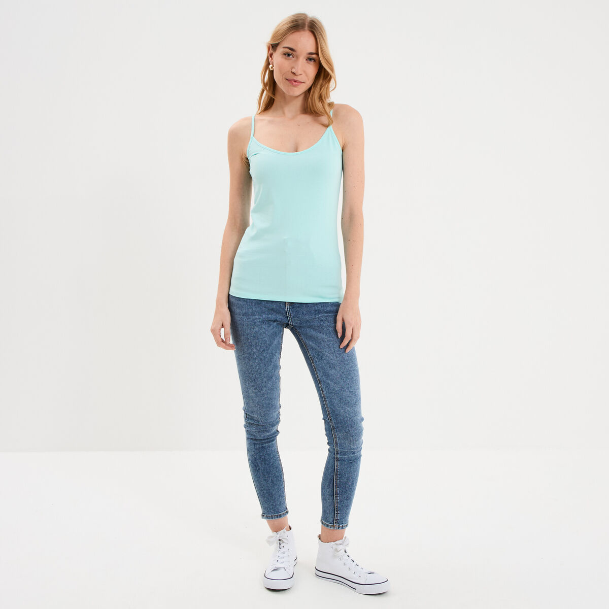 D&eacute;bardeur coton bretelles r&eacute;glables bleu turquoise femme