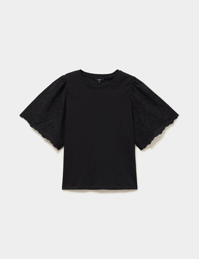 T-shirt manches broderie anglaise coton noir femme