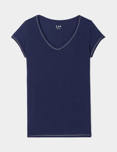 T-shirt col V ajusté manches courtes bleu marine femme