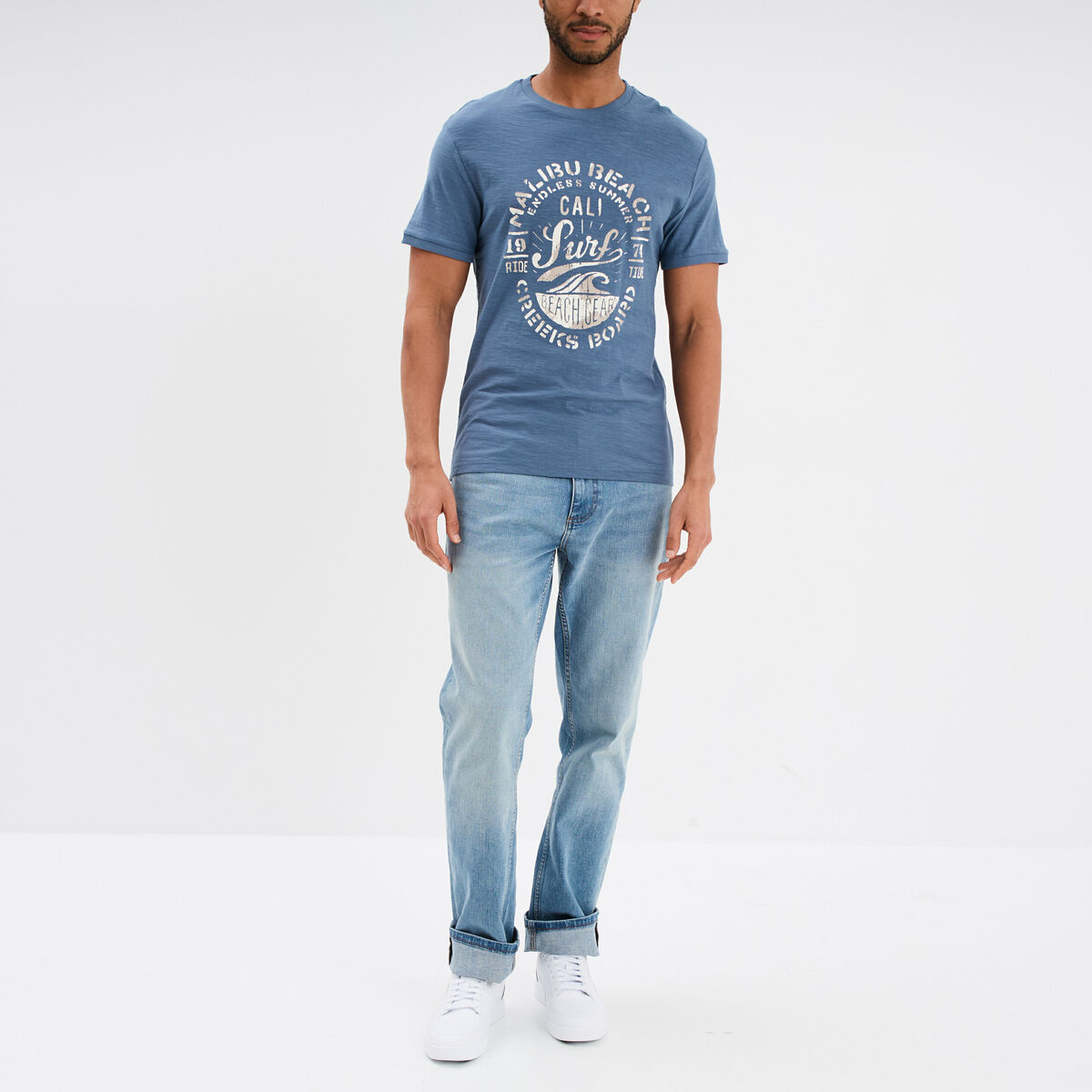 T-shirt droit manches courtes coton bleu fonc&eacute; homme