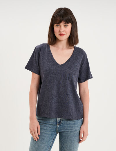 T-shirt col en V manches courtes bleu marine femme